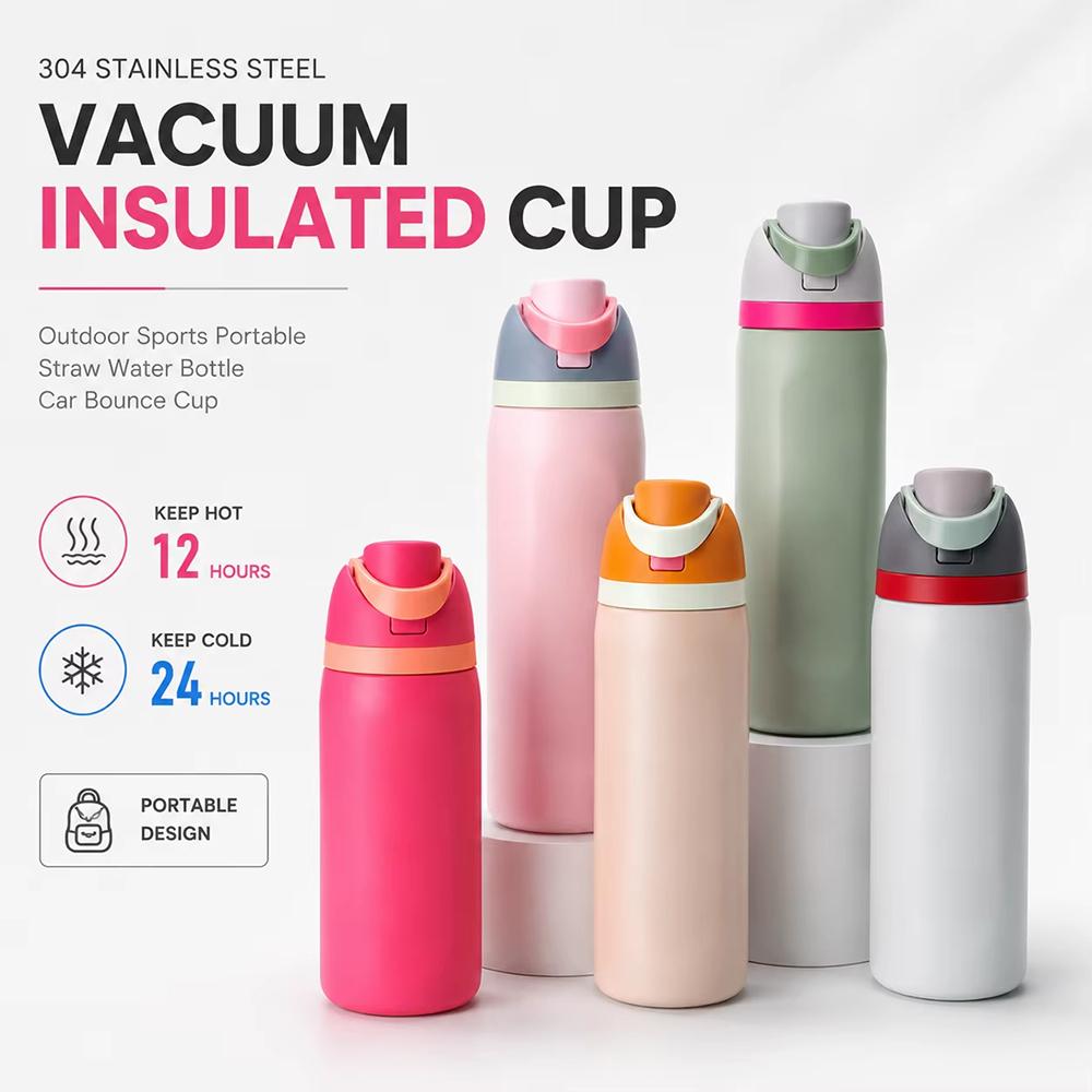 Tazza Termica Acciaio Inossidabile 304 Apertura One Touch 480/720ml, Parete Doppia Isolamento Sottovuoto Anti-perdite Borraccia con Cannuccia per Viaggio Sport Veicolo