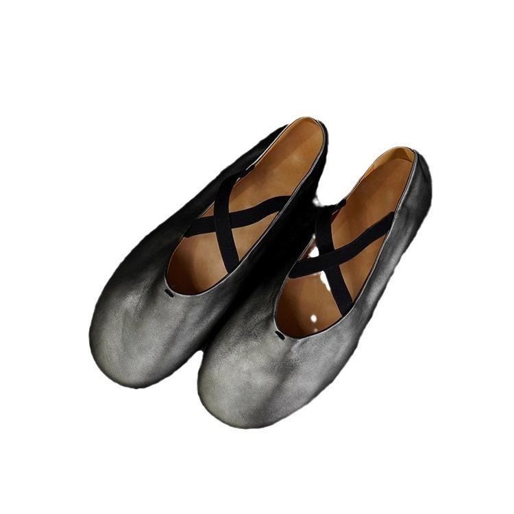 Cowhide version~ round head crossed strap flat-soled ballet shoes retro black single shoes women's shallow mouth Mary Jane small leather shoes