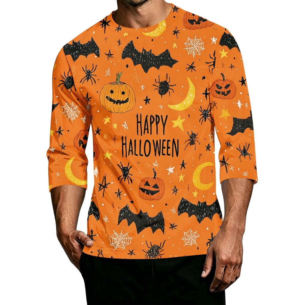 Men's Casual Halloween Print Crew Neck T Shirt Three Quarter Sleeve Top Comfortable Fit Lightweight Fabric Stylish Design