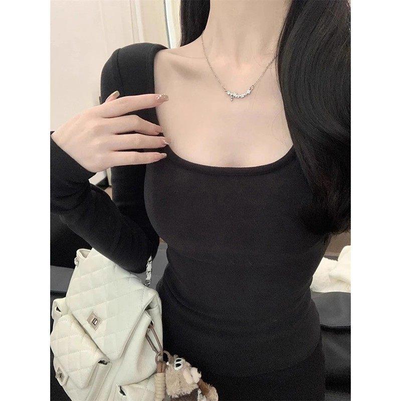 Women's Slim Fit Long Sleeve White T-shirt - Cotton/Ribbed Velour Base Layer for Autumn/Winter (260g/270g)