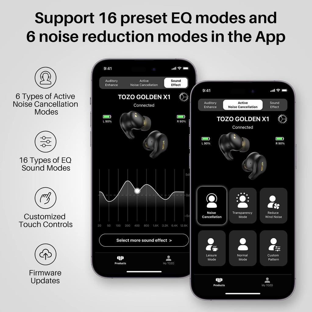 TOZO Golden X1 Wireless Bluetooth Multipoint EQ Dedicated App OrigX LDAC Noise True Wireless IPX6 Balanced Armature Driver Hybrid Dynamic Black