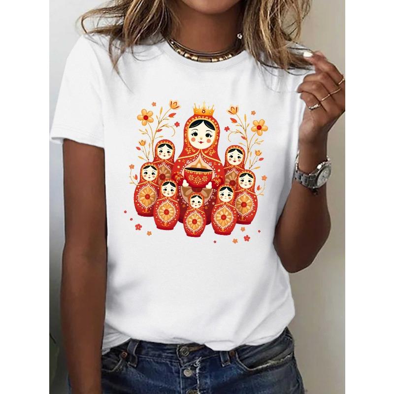 Women's Black & Red Russian Matryoshka Doll Print T-Shirt Casual Crew Neck Short Sleeve Christmas Top
