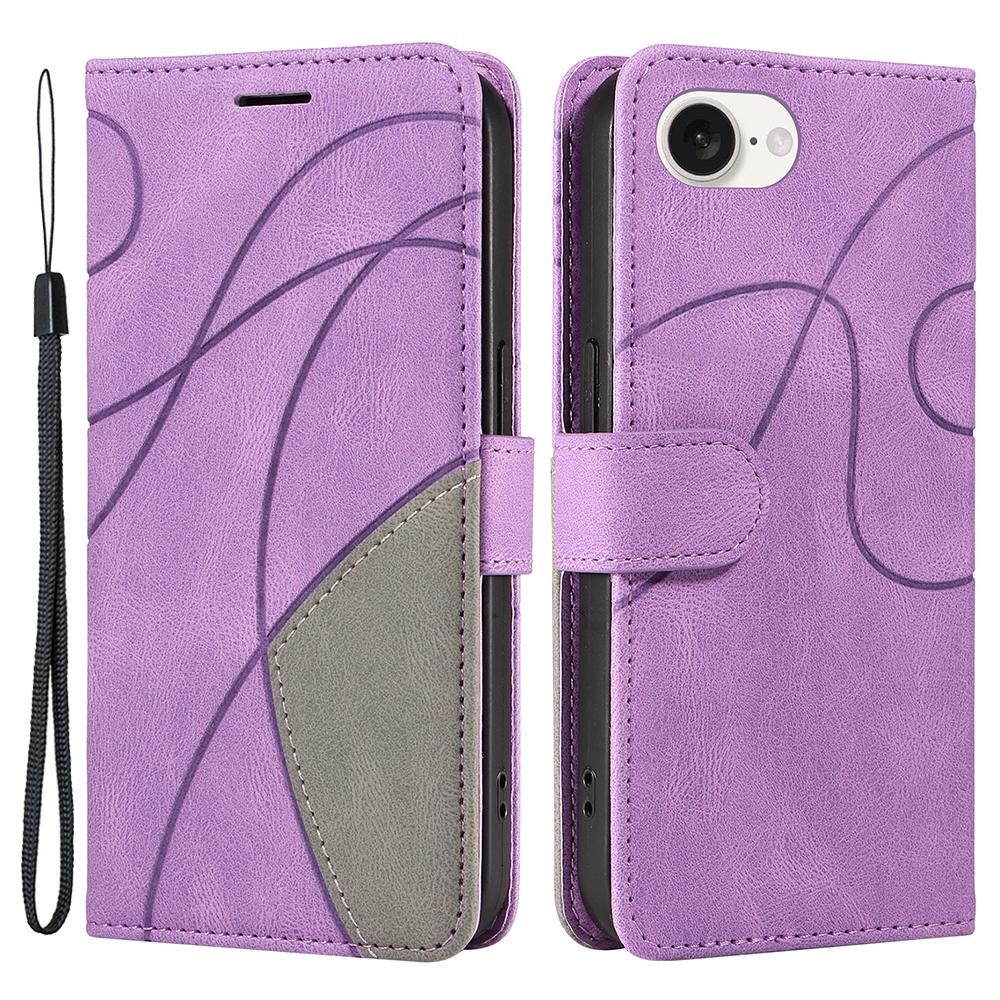 

For iPhone 16e Leather Case Wallet Stand Color Splicing Phone Cover Light Purple