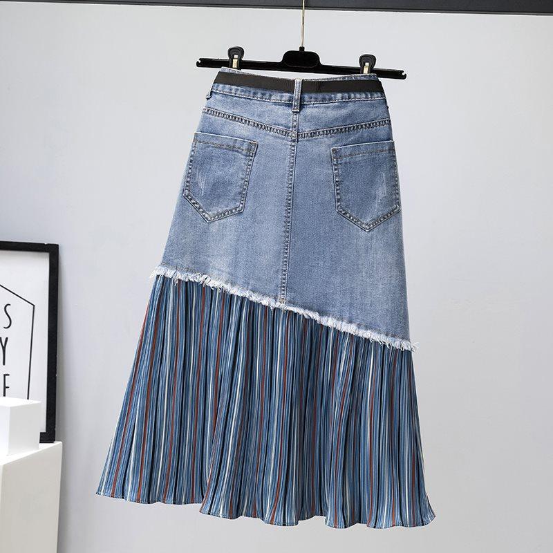 Design Sense Draped and Versatile Chiffon Pleated Stitched Denim Skirt In Spring, Thin and Irregular Medium Length A-line Skirt