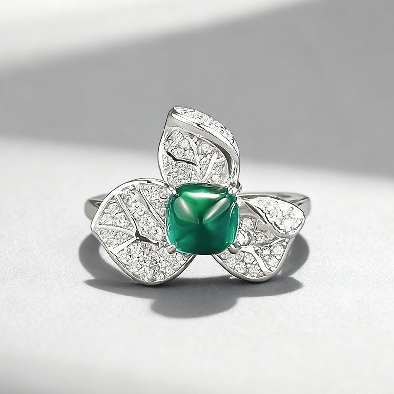 Xiancan Jewelry S925 Sterling Silver Bougainvillea Design Synthetic Emerald Ring Size 6