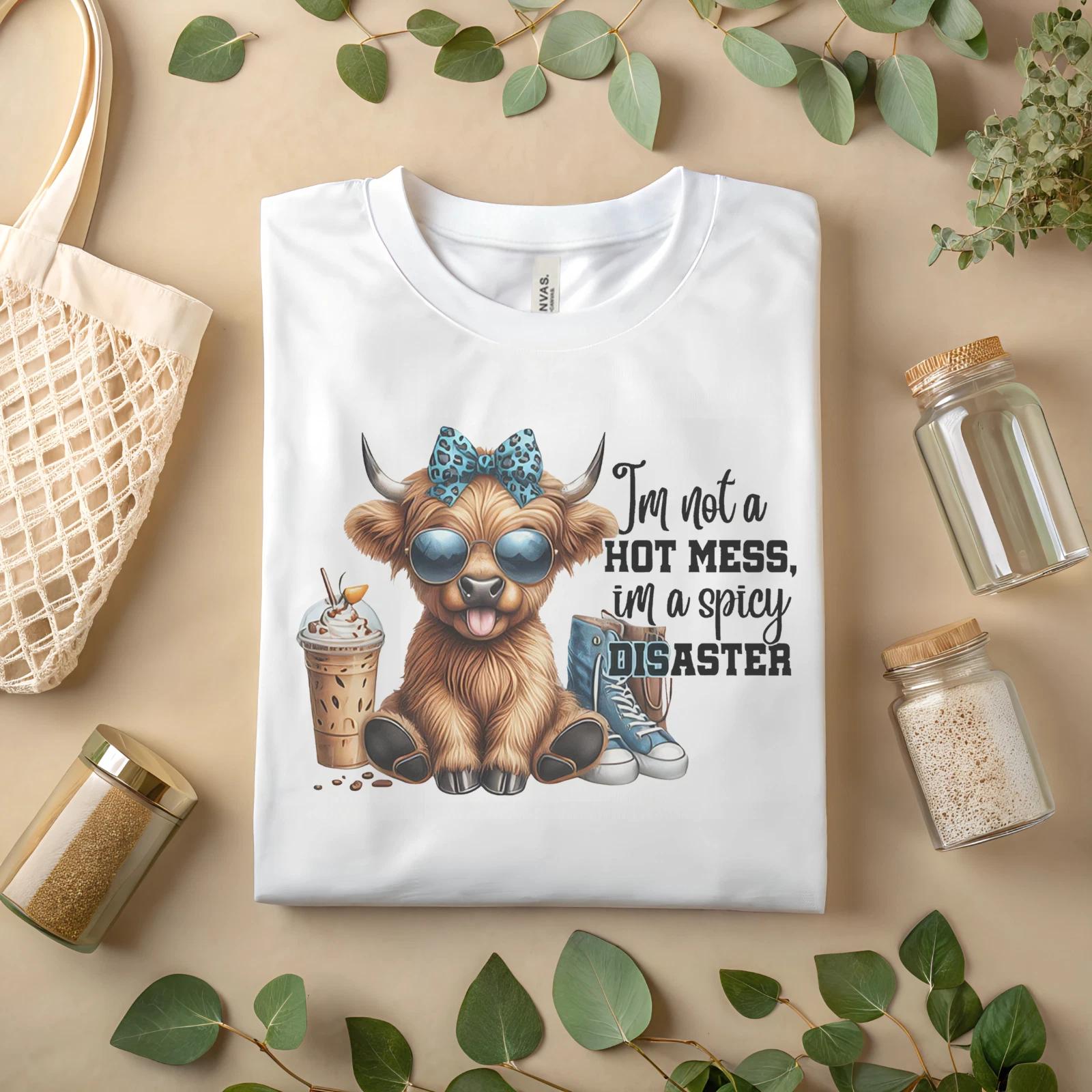 Funny Highland Cow Shirt – I’m Not a Hot Mess I’m a Spicy Disaster T-Shirt A420 L
