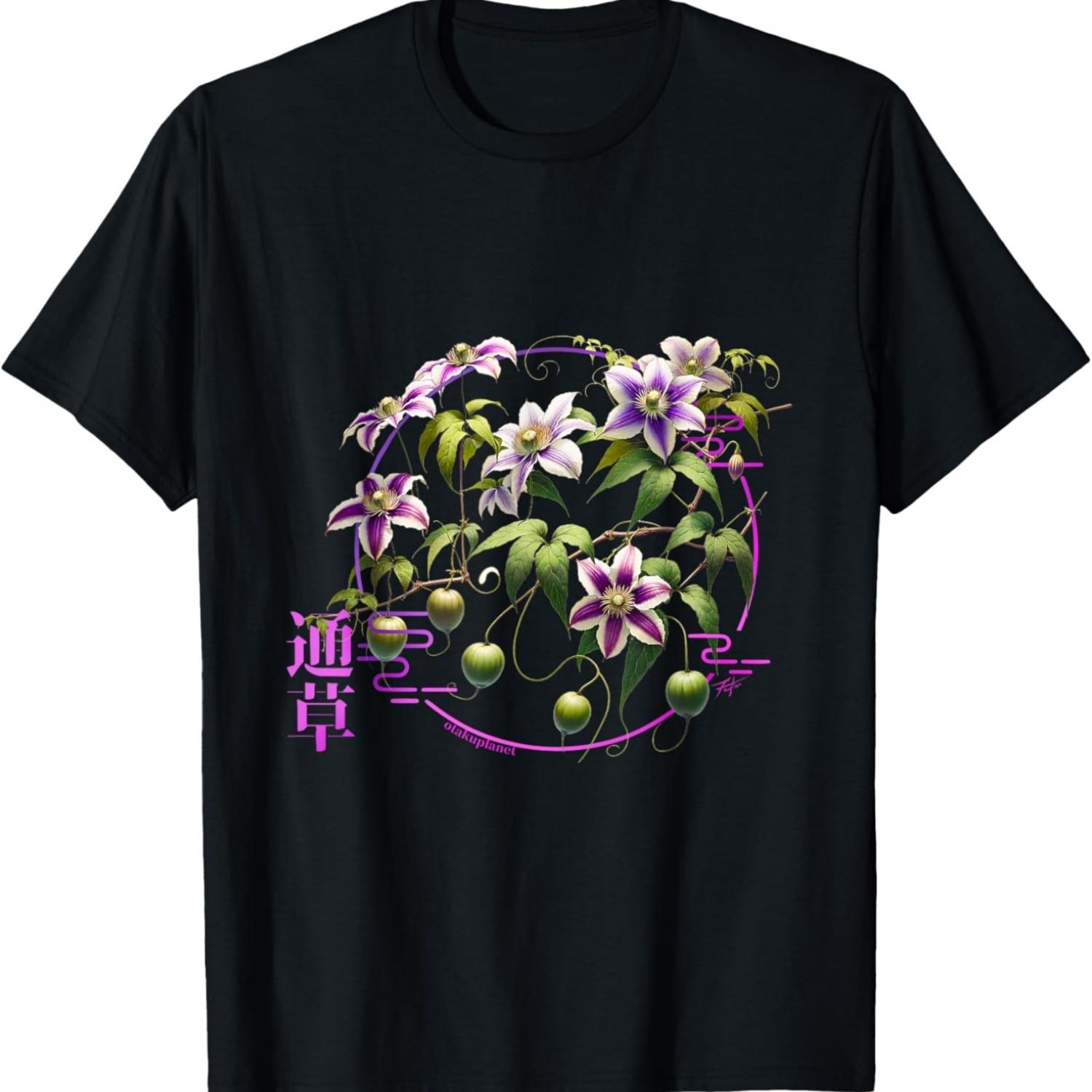 Japanese Clematis Akebi in retro grunge flower aesthetic T-Shirt S чёрный