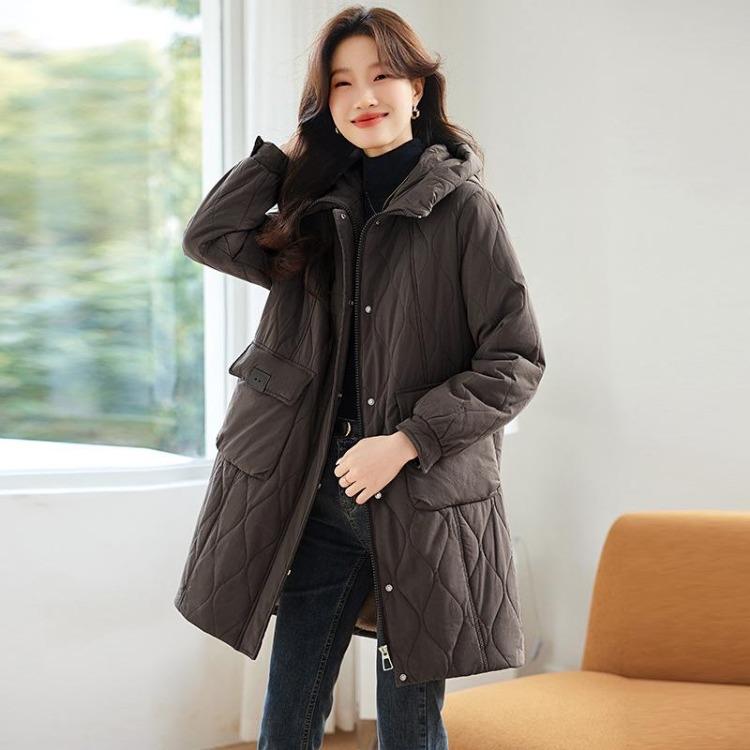 Women's Plus Size Fleece Lined Cotton Jacket Mid Length Quilted Warm Stylish Coat for Mom Middle Aged