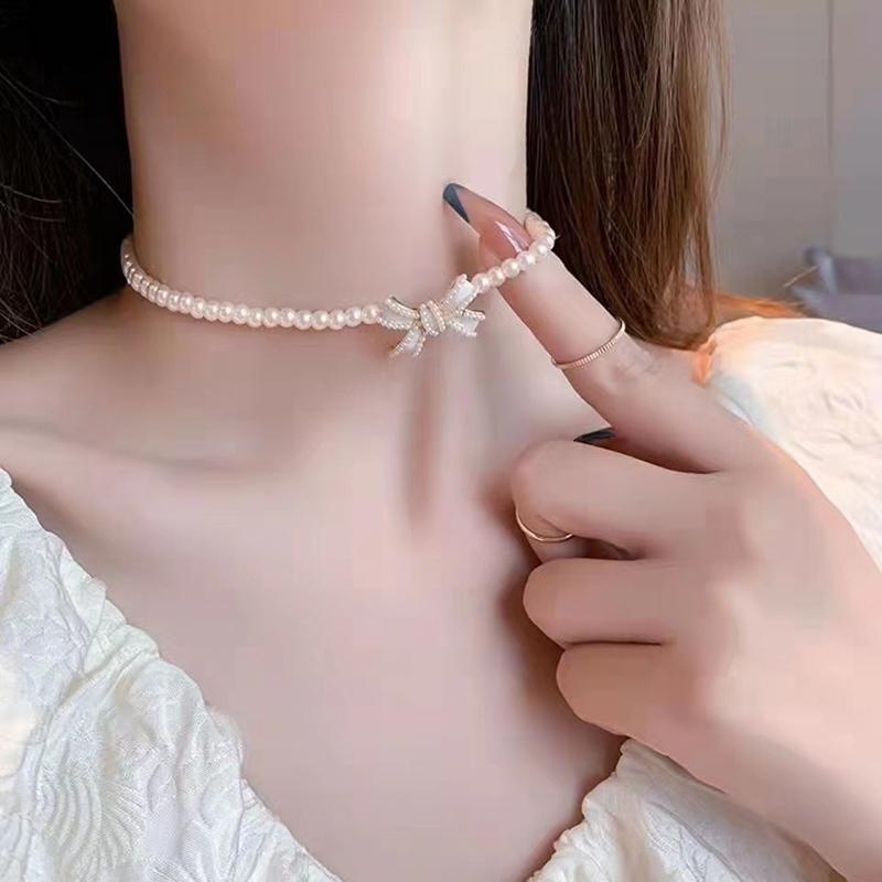 Trend Elegant Jewelry Wedding White Oil Bow Pendant Necklace For Women White Imitation Pearl Choker Necklace N0430