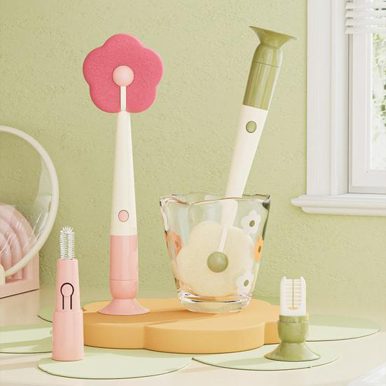 Cleaning Brush Soft Flower-shaped Sponge Head Long Handle Cup Brush Suction Base Bottles Water Cups Cleaning Scrubber