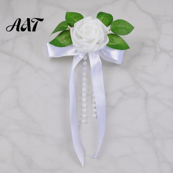Romantic Wedding Car Decor Artificial White Rose Decoration, Door Handle & Rearview Mirror Flower Bouquet All Weather Set with Satin Ribbon