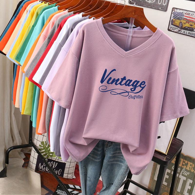 Dámské tričko s krátkým rukávem, Velká velikost, Volné a zeštíhlující, Potištěný top s výstřihem do V