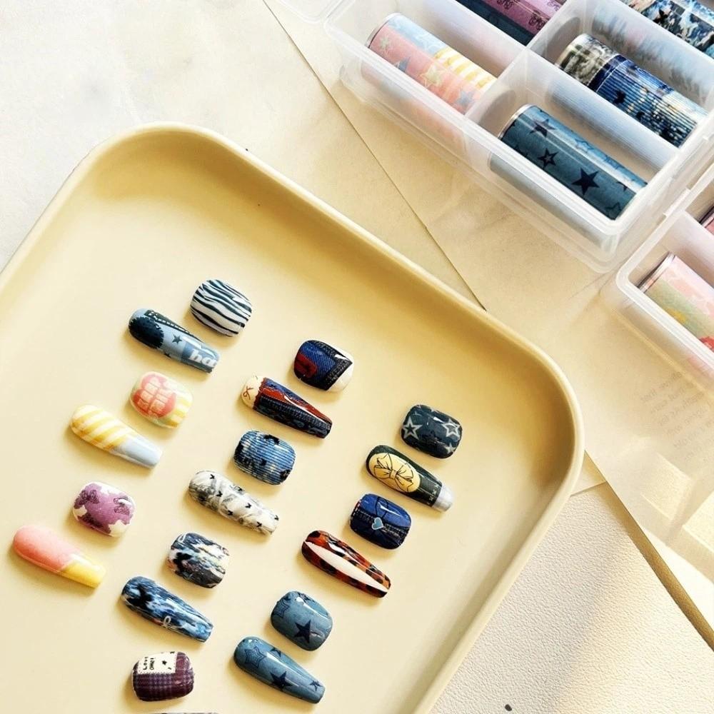 10 Rotoli Pellicole Colorate per Unghie Carta Transfer Scacchi Leopardo Adesivi Nail Art Set Manicure Effetto Jeans DIY Nastro Decalcomania