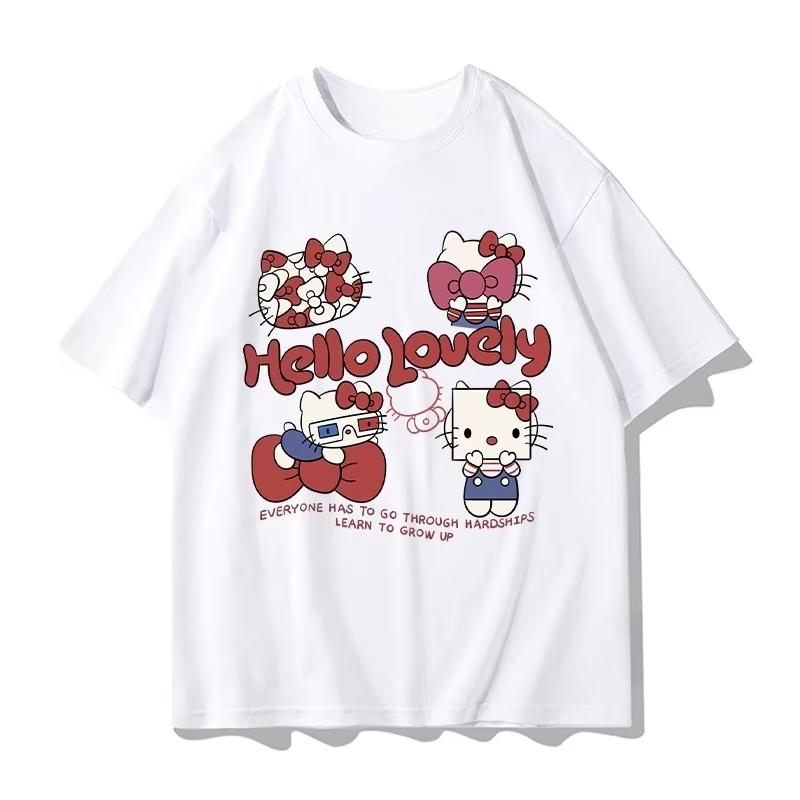 

2026 Summer Hello Kitty Cosplay Themed 100 Pure Cotton Printed Oversized Loose Tshirt for Adults Children and Parents S