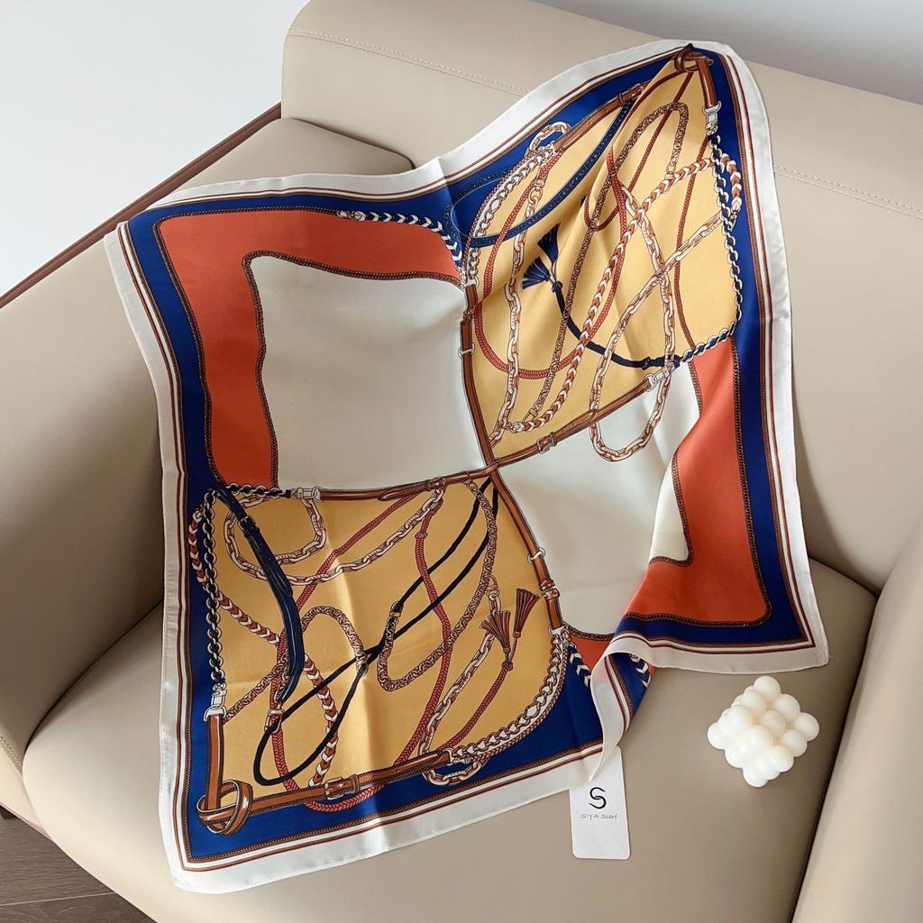 Silk scarf female stripe black and white printing spring and summer new decoration simple fashion simulation silk square scarf