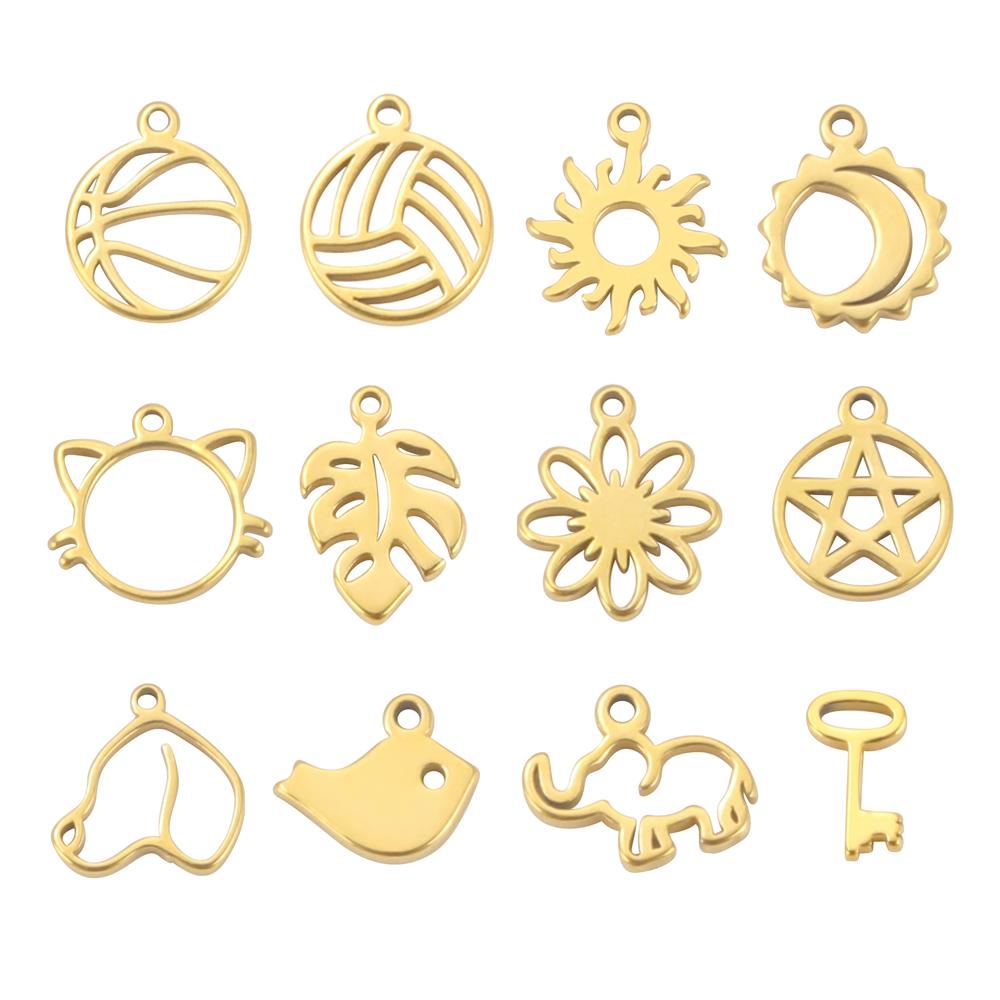 5pcs/lot Stainless Steel Pendants for Earring Necklace Bracelet Jewelry Making Cat Dog Bird Sun Moon Pentacle Gold Charms