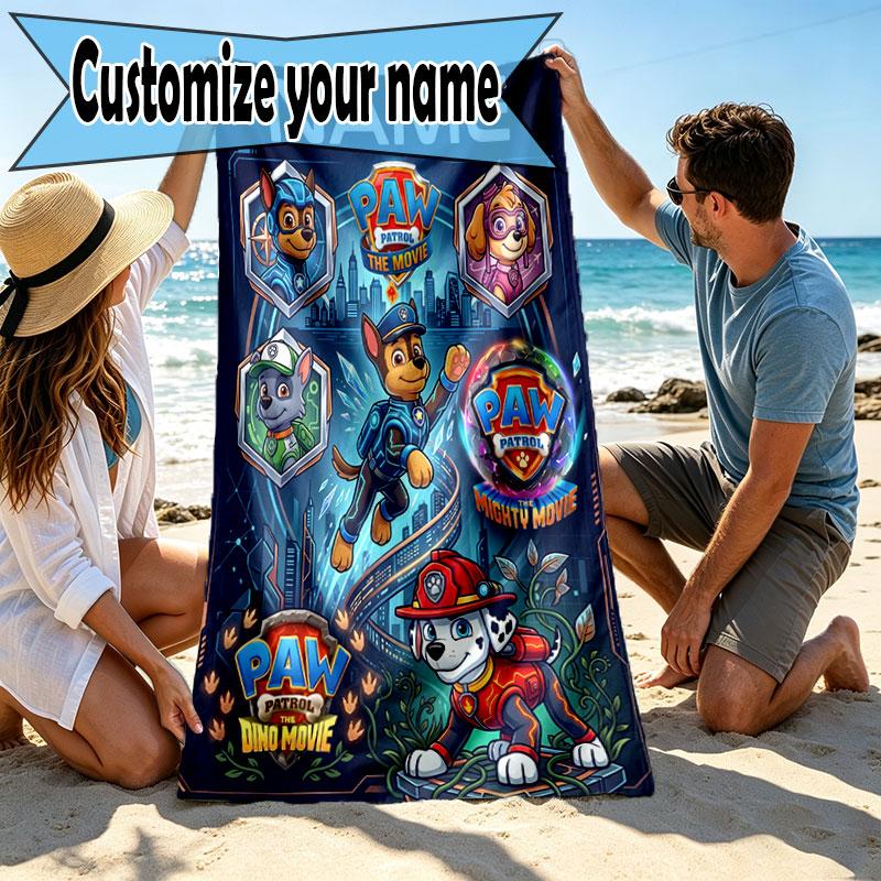 Custom Name Personalized PAW Patrol Print Beach Towel, for Trip Camping Beach Party Home Decor, Birthday Gift for Family & Friends