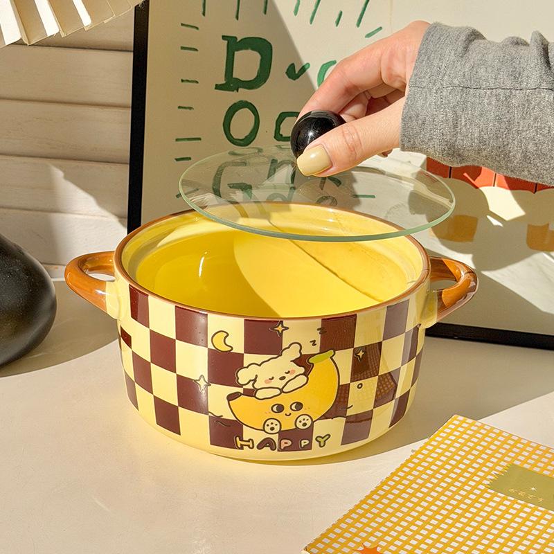 Ins Cream Wind Banana Puppy Binaural Instant Noodle Bowl Student Dormitory Rice Bowl 2025 New Snail Powder Bowl