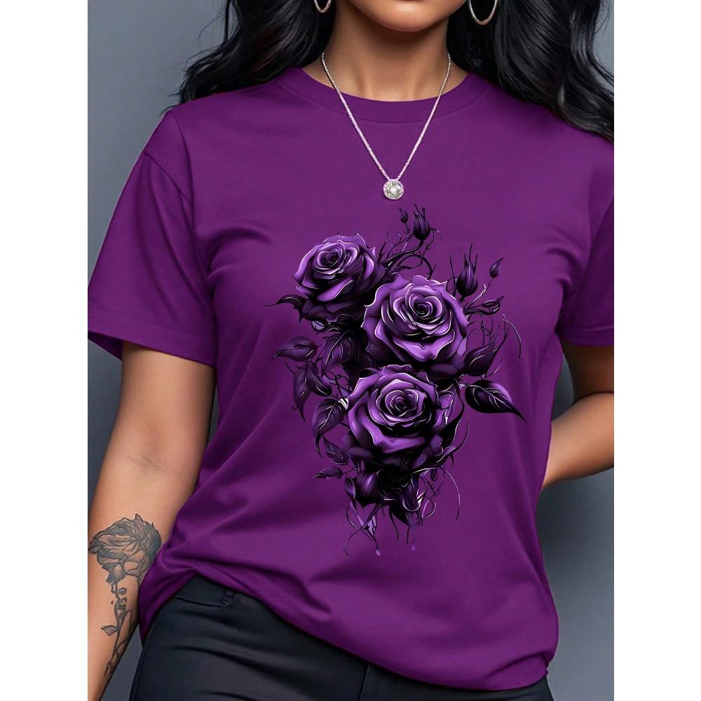 Women's Yellow T-Shirt with Gold Rose Print, Round Neck Short Sleeve Casual Top
