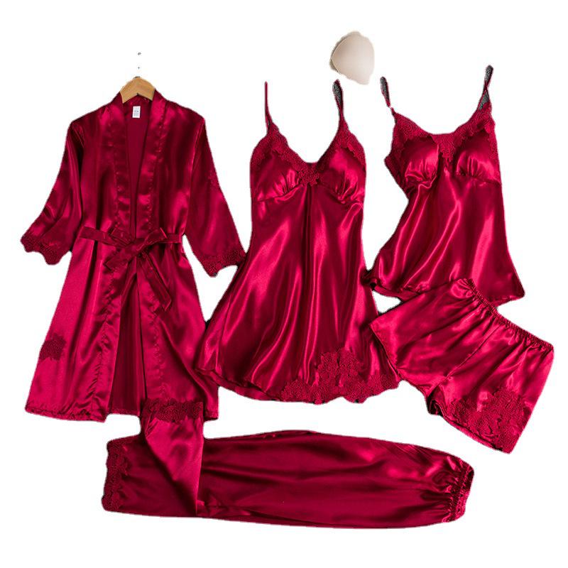 Women's Five-Piece Silk Pajama Set - Sensual Padded Nightdress and Battleship Print for Spring & Summer