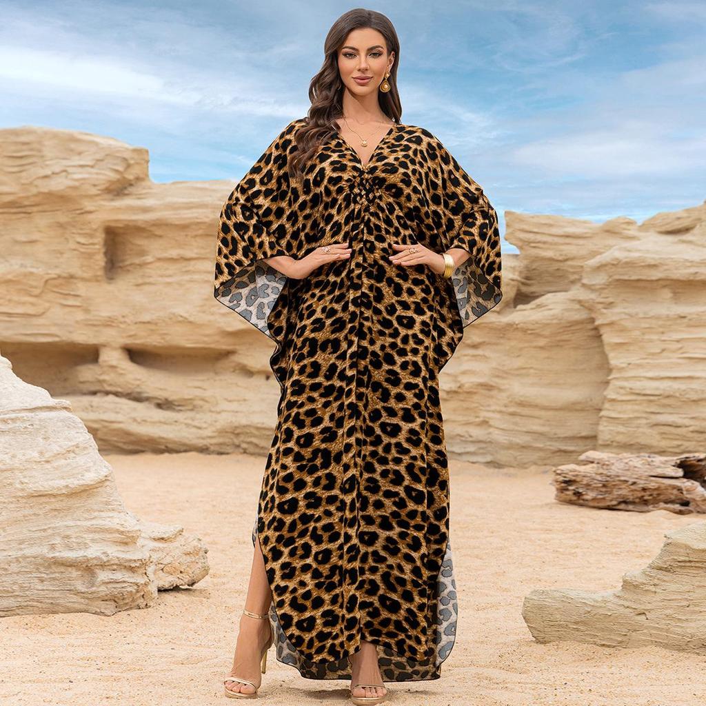 2025 European & American Cotton Printed Beach Dress Women's Long Loose Cover-Up with Sun Protection