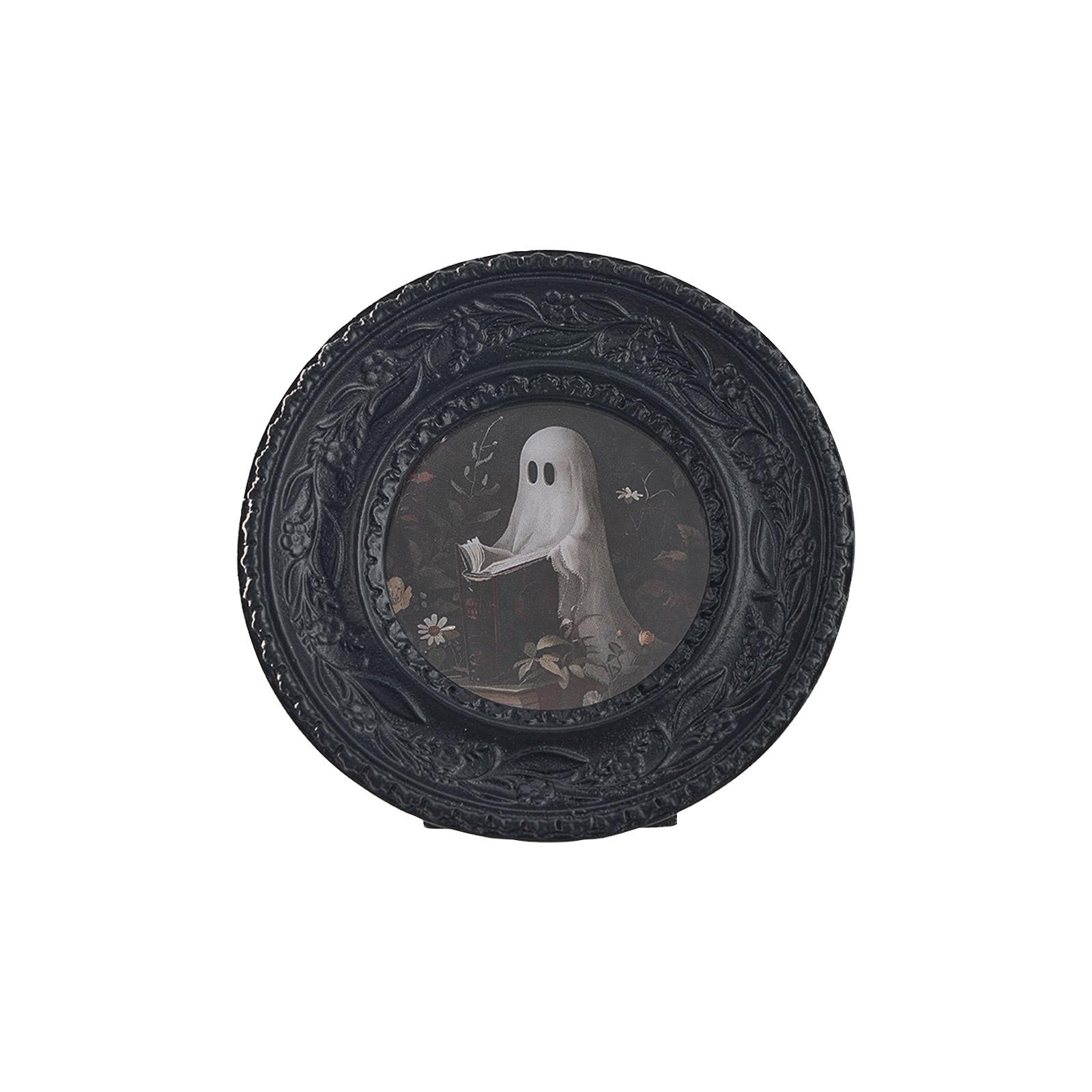 

Retro Style Picture Frame Embossed Photo Frame Resin Black Handcrafted Tabletop Display Halloween Decor For Gift Living Room, Round One Size