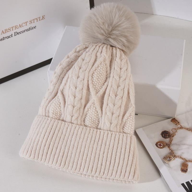 Knitted Hat for Women In Winter Warm Plus Velvet Thickened Wool Ball Wool Hat Korean Style Trendy Versatile Cycling Ski Ear Protection Hat