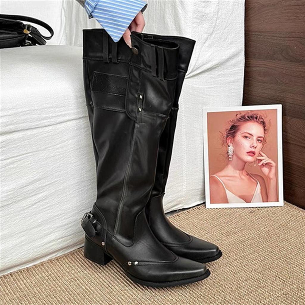 Spice girls big tube circumference boots women's new French high-end pointed thick heel knight stack boots