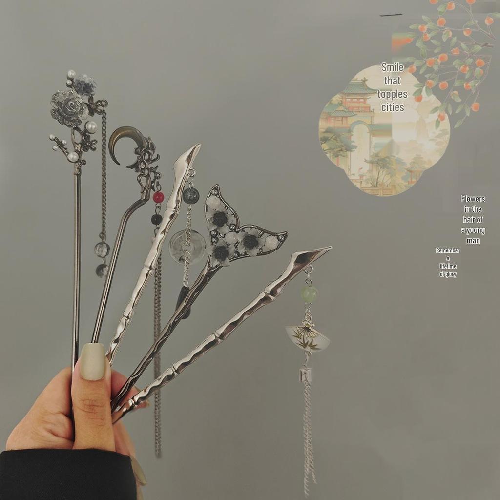Elegant Butterfly Pearl Crescent Moon Tassel Hairpin for Women - Ancient & Modern Style