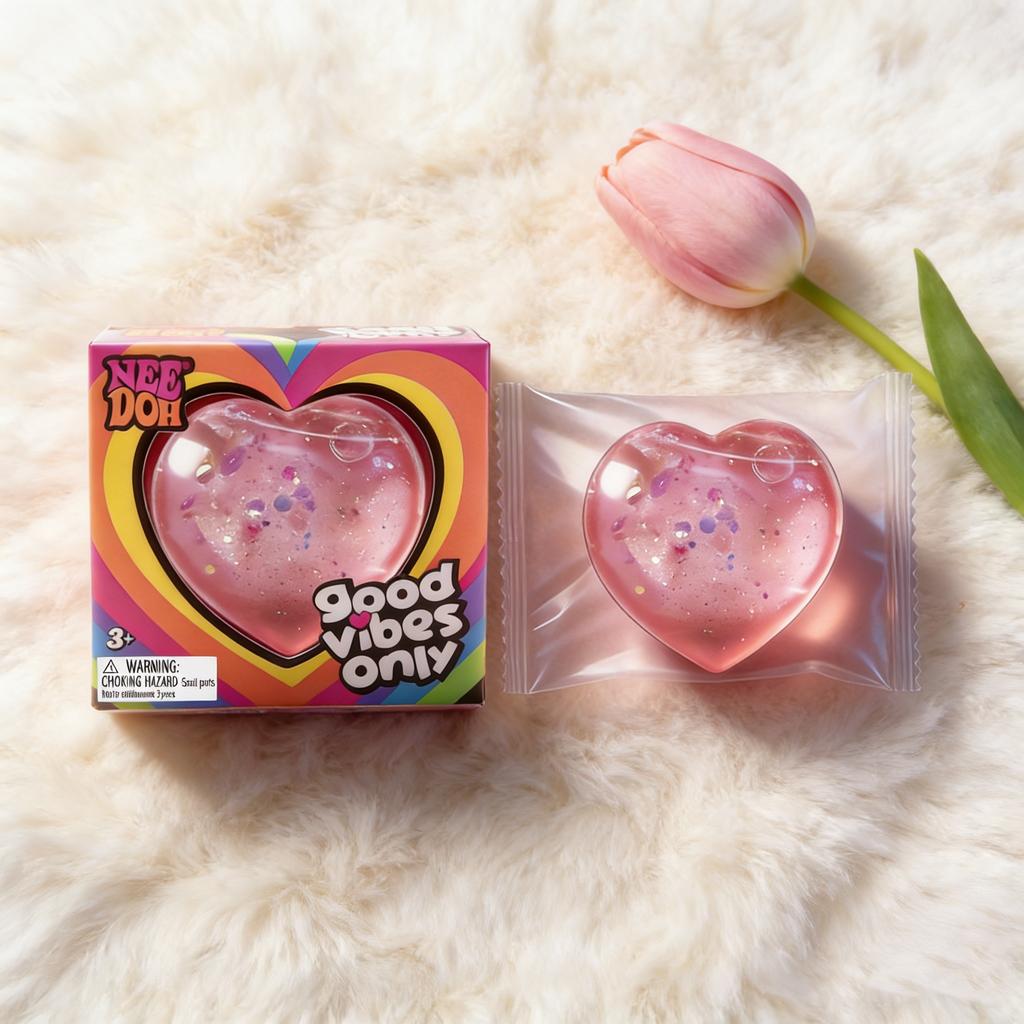 NeeDoh Heart Shaped Squeeze Toy, Glitter Filled Stress Relief Fidget Toy, Soft TPR Squishy for Kids Adults Anxiety Relief Gift