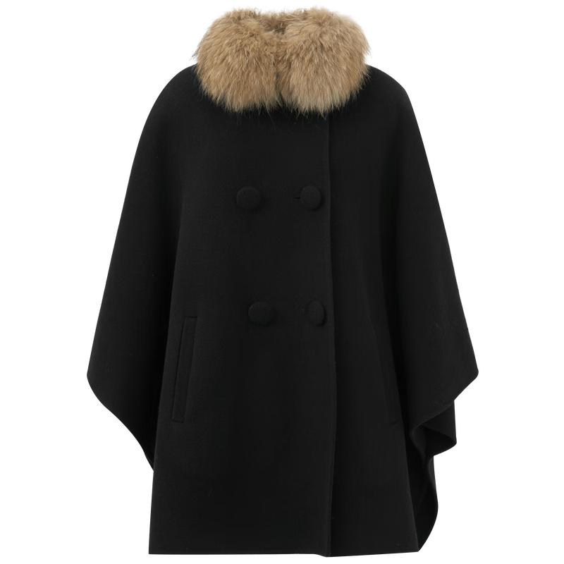 Sancai 100% Wool Double-Faced Mid-Length Coat with Raccoon Fur Collar