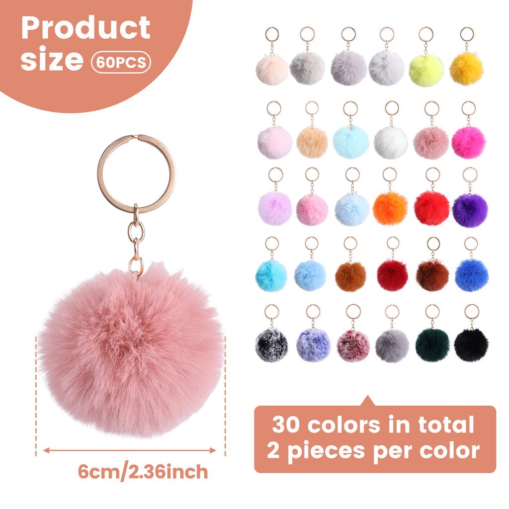 60Pcs Fluffy Pompom Keychain Women Luxury Pompom Keyring Accessory Gold Color Chains Pompons Fake Fox Rabbit Fur Charms Chain