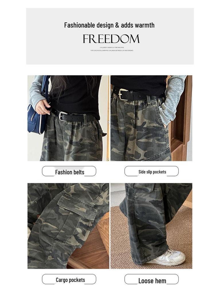 Girls' Wide-Leg Fleece Camo Cargo Pants - Retro American Style for Autumn/Winter 2025