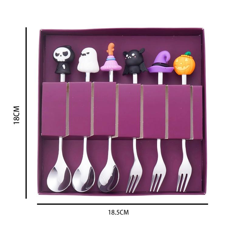 6PCS Stainless Steel Halloween Utensil Gift Set Cartoon Halloween Themed Dessert Spoon and Fork Collection for Parties