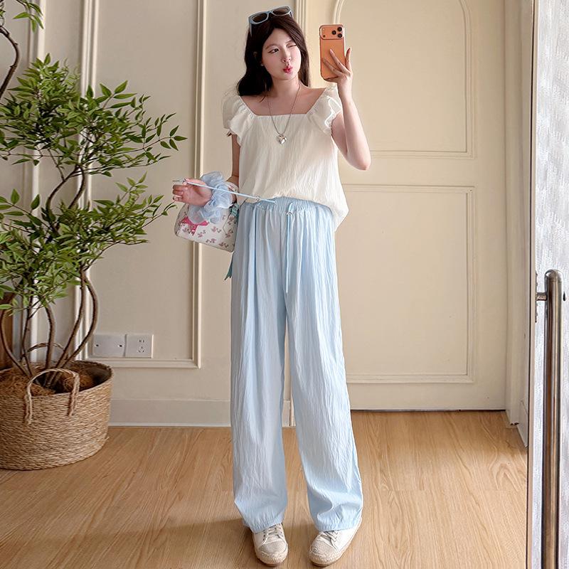 Korean Summer Style Maternity Set: Sweet Puff Sleeve Top & Straight-Leg Pants M
