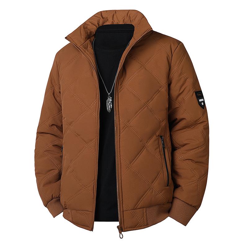 Men's 2025 Cross-border Diamond Plaid Stand Collar Jacket - Autumn/Winter Warm, Velvet-Lined Cotton Coat