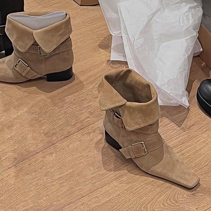 Korean Version Niche Suede Thick Heel Belt Buckle Thick Heel Small Square Head Short Boots Thin Boots Women's Autumn and Winter Western Cowboy Boots