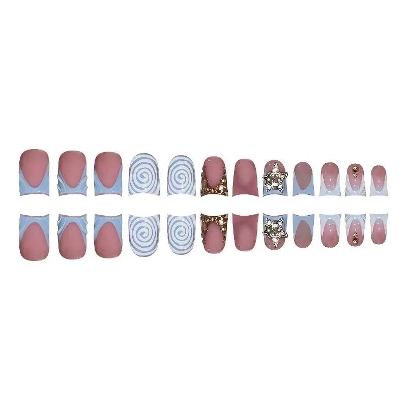 24Pcs Short Duckbill Press On Nails, Blue French Y2K Fake Nails with Star Rhinestones Decor