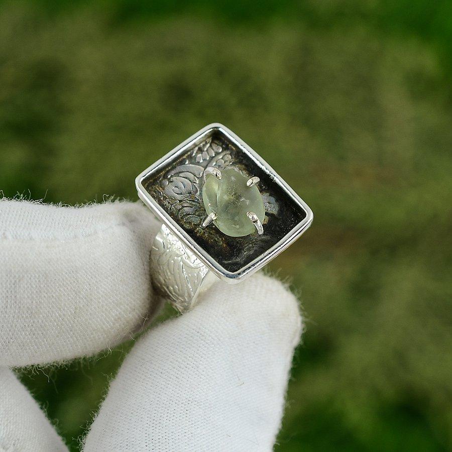 Gift For Her Natural Prehnite Rough Solitaire Adjustable Ring 925 Silver Adjustable