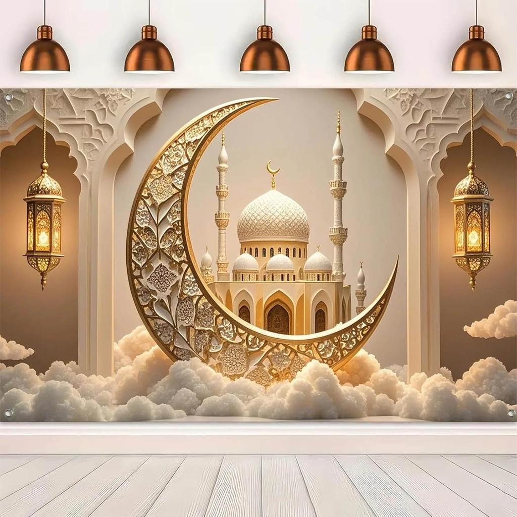 Ramadan Decorations Islamic Crescent Moon Mosque Eid Mubarak Banner Muslim Home Decor Ramadan Kareem Sign Iftar Party Supplies Background Wall