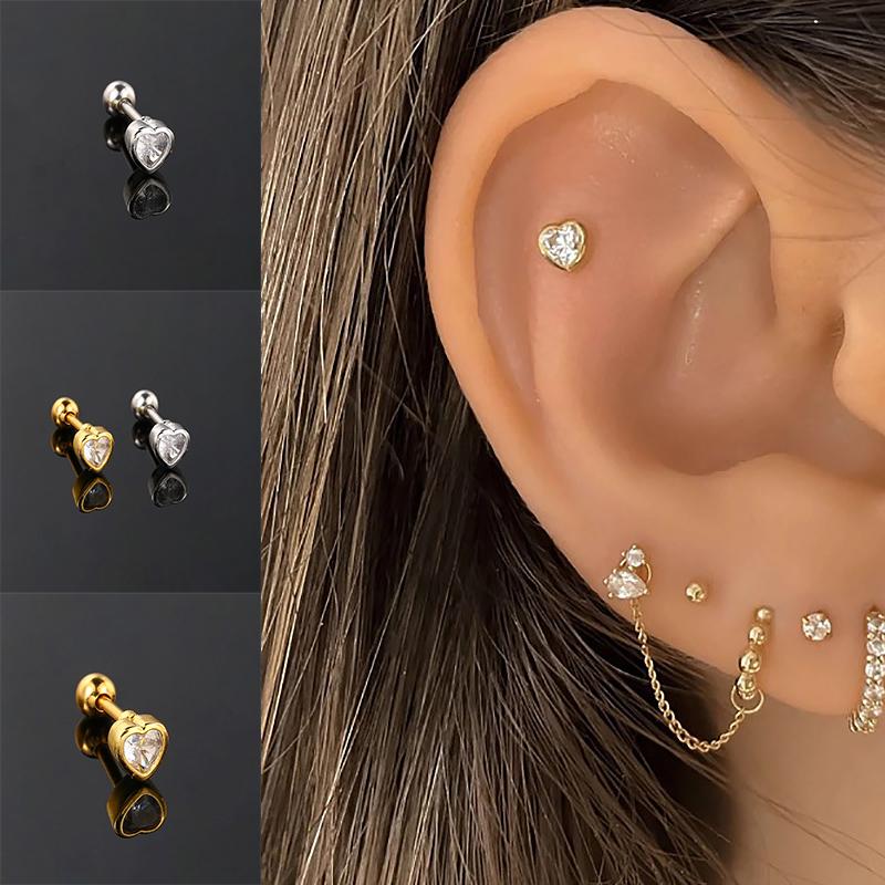 Hot Selling Helix Piercing Loving Heart Earring Women Trend Sliver Gold Color Zircon Tragus Bone Stud Ear Ring Body Chic Jewelry