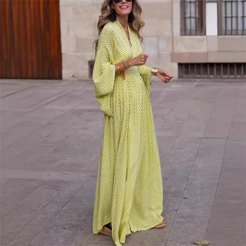 European And American Summer And Autumn Long Sleeved Loose V Neck Waist Large Swing Casual Dress Women