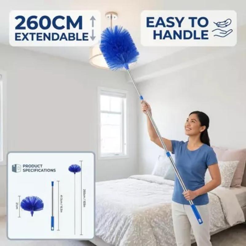 1Pc Extendable Spider Web Duster With Medium Stiff Bristles Retractable Stainless Steel Pole For Indoor Outdoor Cleaning