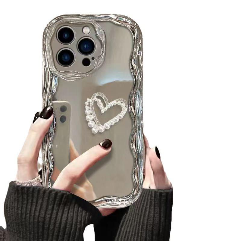 Plated Mirror 16 Phone Case for Apple 17 Promax Pearl Heart for IPhone 14 Silicone All Inclusive Anti Drop
