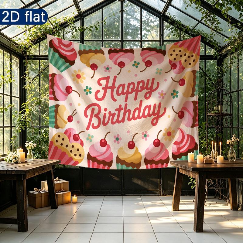 Birthday Party Cupcake Gifts Banner, Multicolor Polyester Backdrop for Wall Hanging Decor