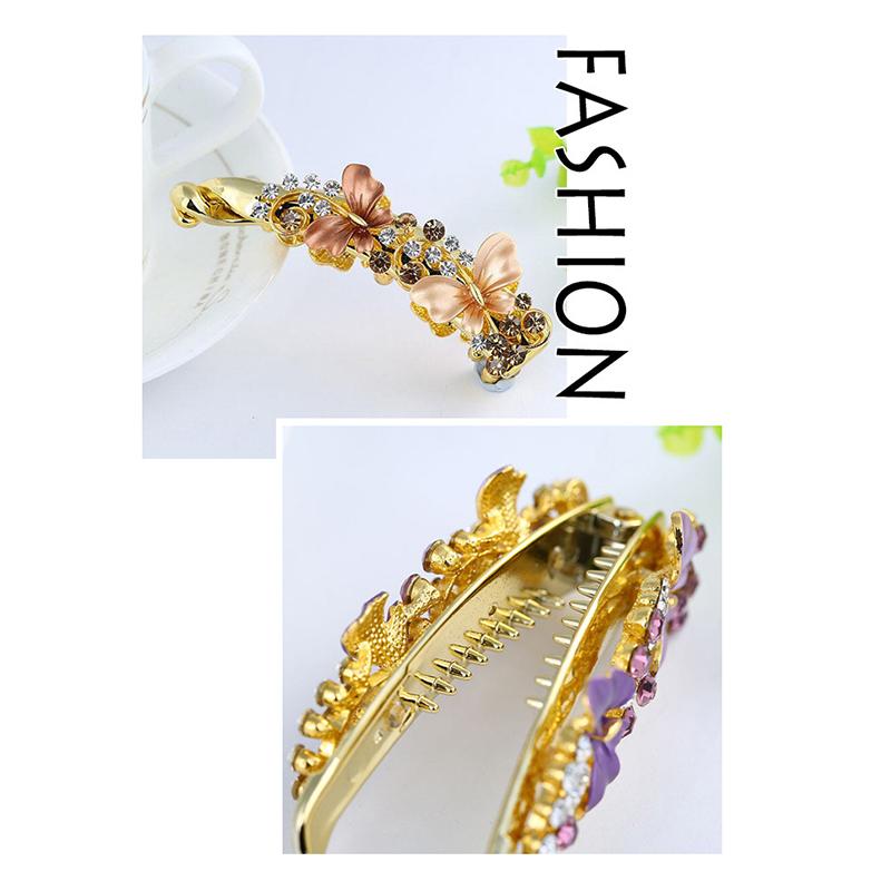 Women Elegant Crystal Diamond Hairpin Resin Butterfly Shaped Banana Hair Clip Claw Ponytail Holder Headwear Barrette