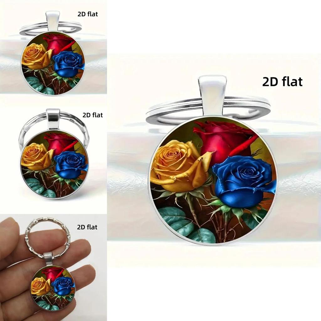 Red Yellow Blue Rose Design Keyring With Zinc Alloy And Glass For Collectors Item