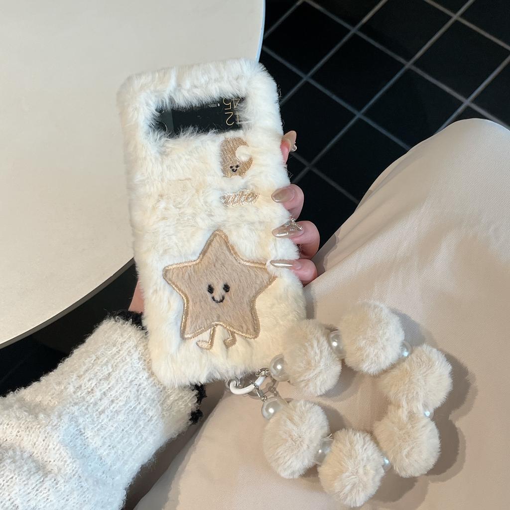 Cute Embroidered Moon Star Folding Plush Phone Case with Chain Fall Winter Warm Phone Accessories for Galaxy Z Flip 3 4 5 6