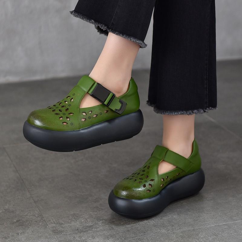 Johnature Genuine Leather Round Toe Thick Soled Women's Shoes Retro Versatile Breathable Hollow-out Platform Sandals