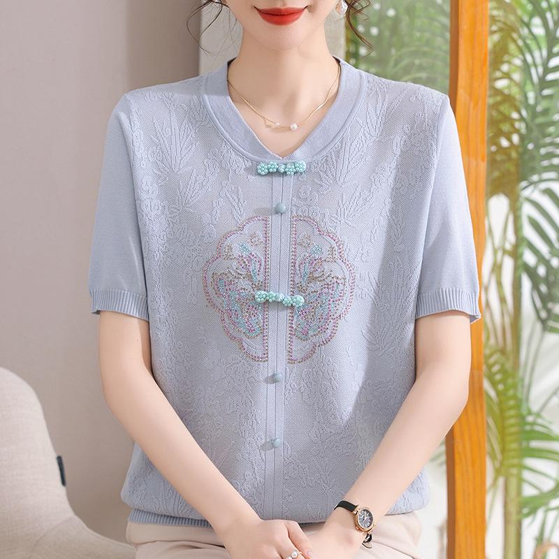 

Mother s Day Summer Ice Silk Chinese Top for Middle-Aged Women XL (suggested for 90-115 jin) небесно-голубой